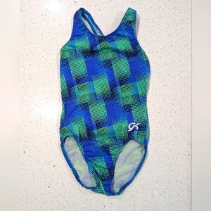 GK Elite Child Medium Gymnastics Dance leotard RAZORBACK Blue Green GOLF PLAID